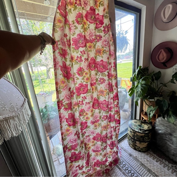 VINTAGE terrycloth FLORAL CURTAINS Large Pink Rose Yellow Green Flowers 2 panels - Picture 5 of 10